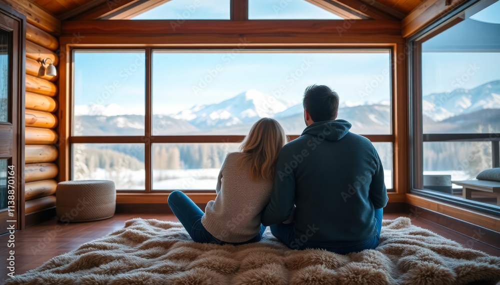 A romantic couple sits together inside a cozy cabin with large windows showcasing a breathtaking mountain view, celebrating love and peace for Valentine's Day. A romantic couple sits together inside a cozy cabin with large windows showcasing a breathtaking mountain view, celebrating love and peace for Valentine's Day.