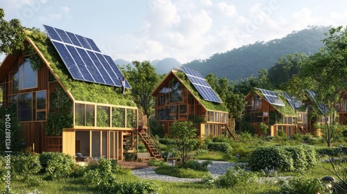 Eco-friendly houses with solar panels and green roofs in a lush landscape.