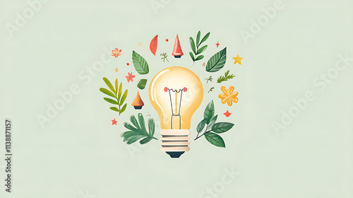light bulb surrounded by vibrant leaves and flowers symbolizes creativity and growth. This nurturing idea inspires innovation and nature