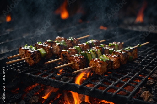 Yakitori skewers over charcoal grill, shiny tare glaze, glowing embers, chopped scallion garnish