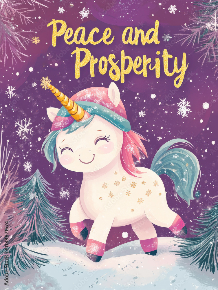 Fototapeta premium Charming New Year Illustrations with joyful unicorn wearing a winter scarf, prancing through the snow: Cute Holiday Designs for Cards, Wallpapers, T-Shirts, Posters & Decor