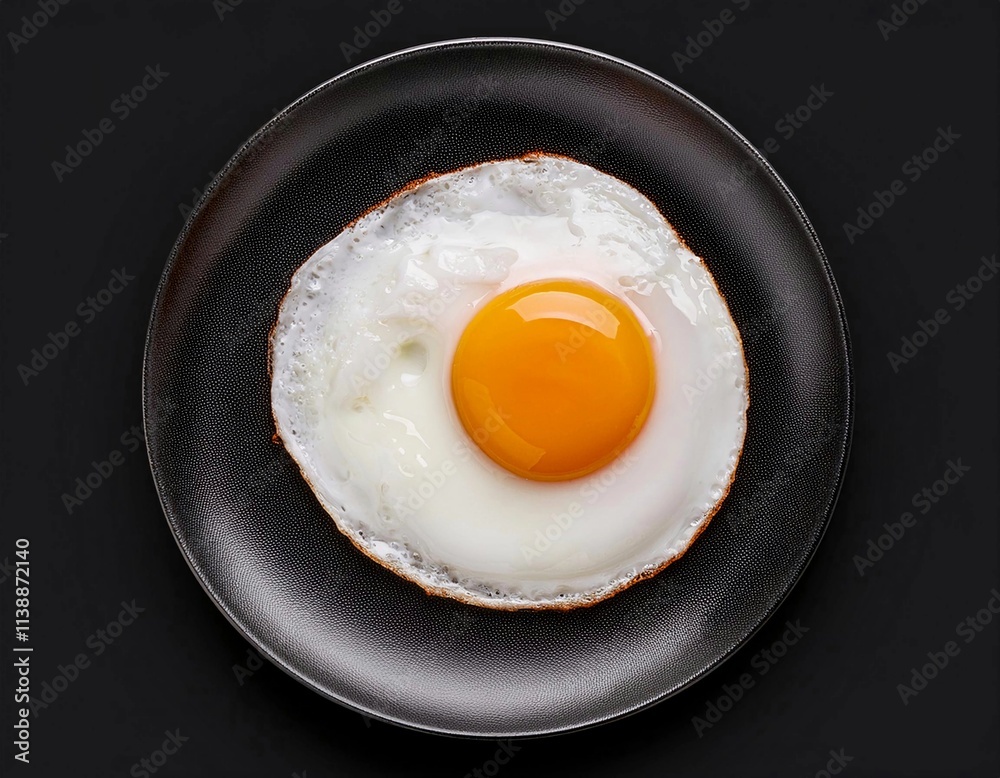 A sunny-side-up egg served on a black plate isolated on a black background, depicting a simple and healthy breakfast. A sunny-side-up egg served on a black plate isolated on a black background, depicting a simple and healthy breakfast.