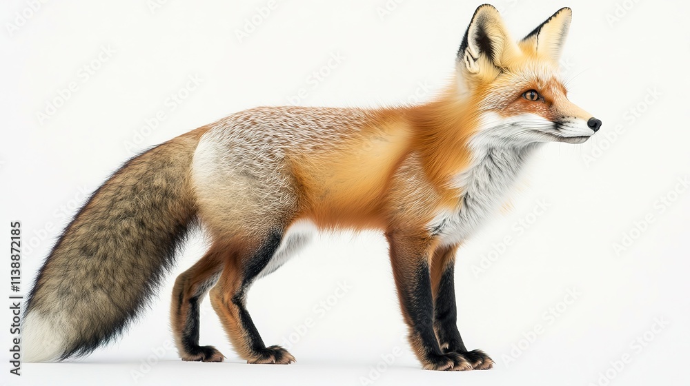 Obraz premium Alert red fox standing side view on white background