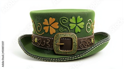 Green hat decorated with shamrocks and leather band suitable for St. Patrick's Day celebrations or festive events photo