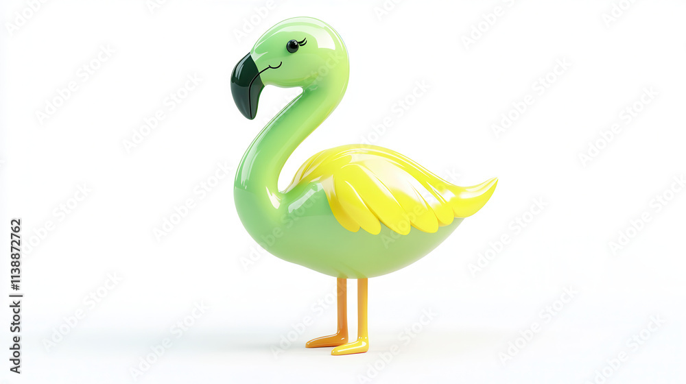 Fototapeta premium A 3D stylized cartoon of a flamingo in mint green and light yellow tones, hyper smooth features, polished and clean rendering, minimalist cartoon design, perfectly clear and vibrant against a pure whi