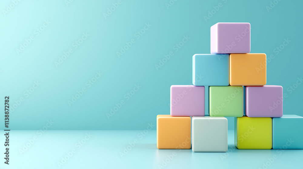 Colorful blocks arranged in pyramid shape on blue background, symbolizing creativity and playfulness Colorful blocks arranged in pyramid shape on blue background, symbolizing creativity and playfulness