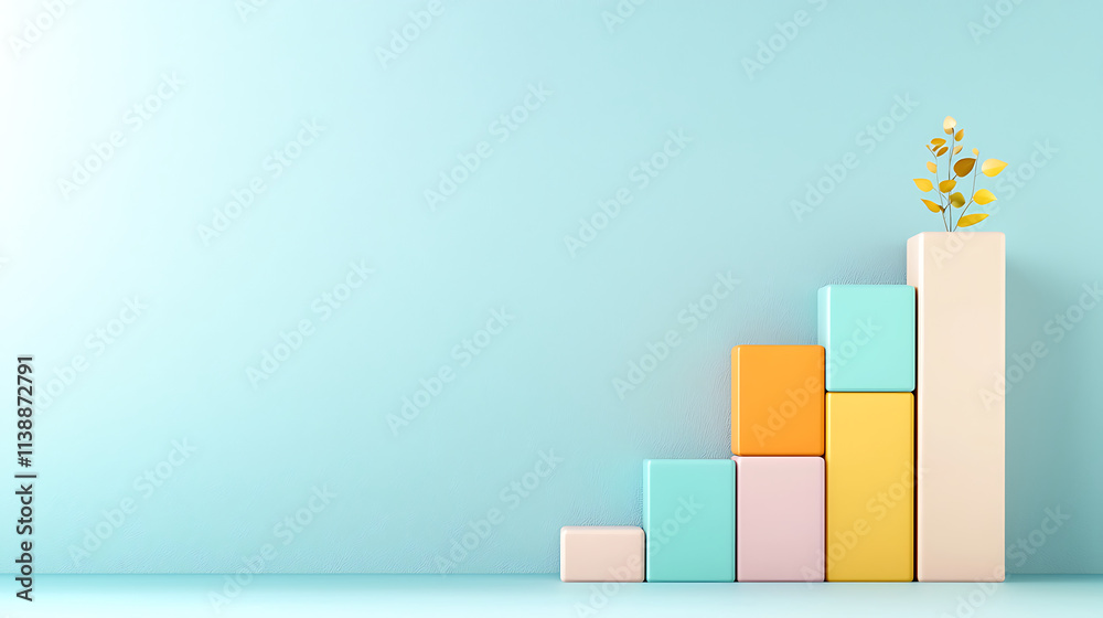 Fototapeta premium Colorful blocks representing growth and progress with plant
