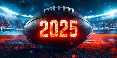 Fiery American Football with 2025 Countdown in Stadium for Big Super Bowl Game Event