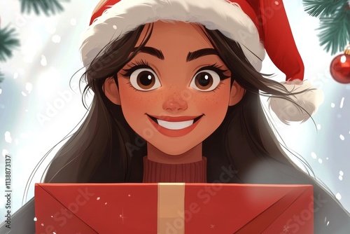 Joyful young woman in a red red hat with huge break box in hands. Jolly yule 3d model. Christmas merry fun. Santa gift night. 3d santa gift. Santa with reindeer. Gift box open. Gift box d.