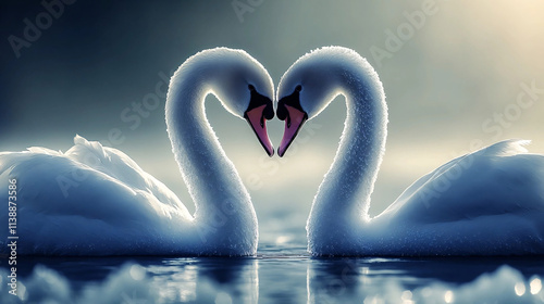 Two graceful swans form a heart shape with their curved necks, elegantly reflecting on a serene water surface under soft, atmospheric lighting photo