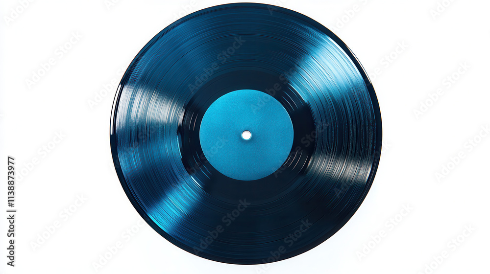 Obraz premium A sleek, modern vinyl record with a vibrant turquoise center label and matte navy grooves, isolated on a perfectly white background, crisp and clean cut-out style, intricate groove reflections and hig
