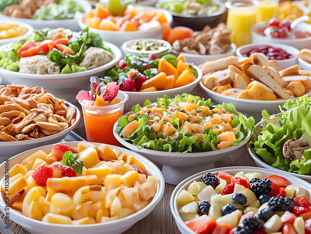 A vibrant spread of fresh fruits, salads, and snacks arranged in bowls for a buffet-style meal. A vibrant spread of fresh fruits, salads, and snacks arranged in bowls for a buffet-style meal.