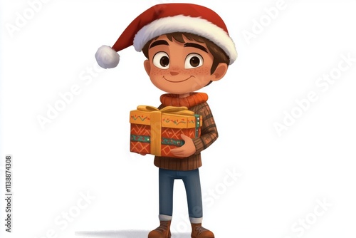 Joyful festive season cgi art. Joyful young man in a red holiday hat with huge wrapped box in hands. Merry christmas design. Gift wrapping ideas. Gift box night. Adult christmas costume.