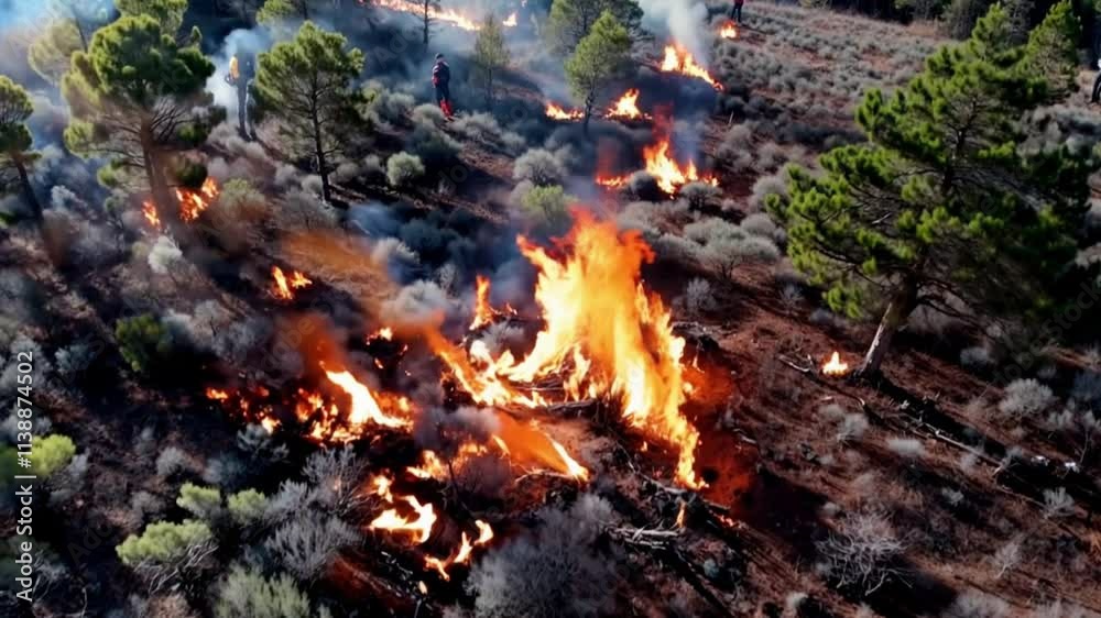 Drone observing controlled burning in a forest restoration project.