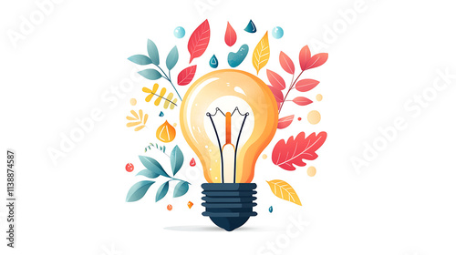 Bright light bulb surrounded by colorful leaves and droplets symbolizes creativity and nature inspiration