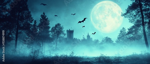 A full moon illuminates a foggy forest, with bats soaring above an aesthetic fantasy castle at night.