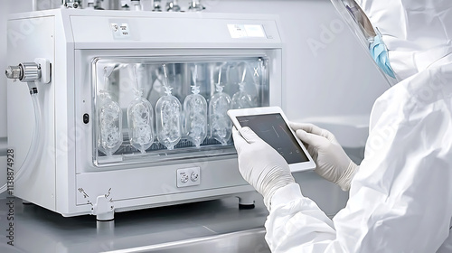 Wallpaper Mural researcher in sterile lab uses digital tablet to monitor equipment. environment is clean and high tech, emphasizing precision and safety Torontodigital.ca