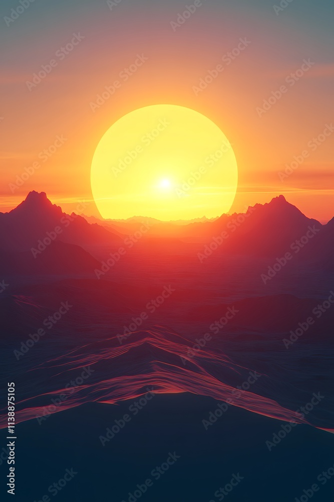 A vibrant sunset over mountains, casting warm hues across the landscape.