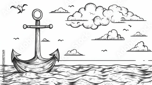 Vintage Nautical Illustration Anchor on Waves with Clouds, Hand-Drawn Seafaring Symbolism photo