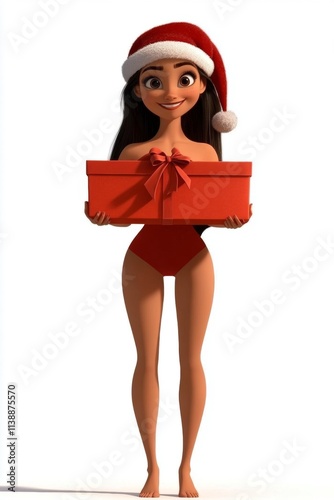 Cheerfulness young woman in a red xmas hat with huge parcel in hands. Jolly yule 3d art. Adult holiday party. Christmas gift unboxing. Merry christmas art. 3d christmas scene. Gift box joy.