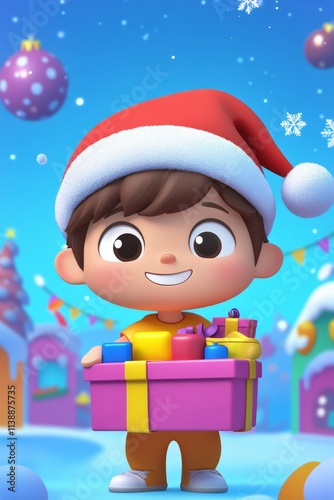Happy noel 3d render. Contentment adult human man in a red festive hat with huge present box in hands. Santa claus fun. Christmas gift ideas. Santa hat styles. 3d santa fun. Santa claus de.