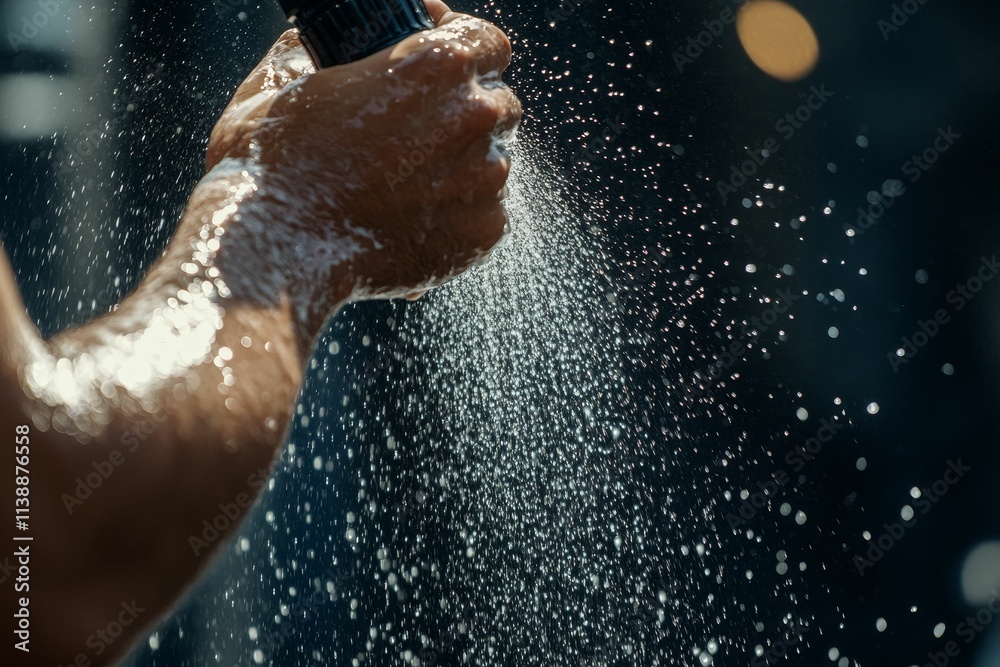 Fototapeta premium Hands hold sprayer; water droplets cascade.