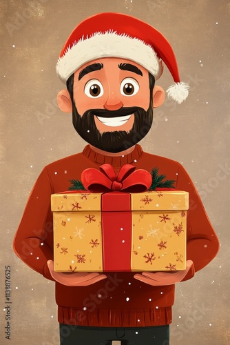 Joyful grown-up man in a red santa cap with huge wrapped box in hands. Cheerful noel 3d render. Santa claus hat. Young santa party. Young santa helper. Gift box magic. Young santa portrait.