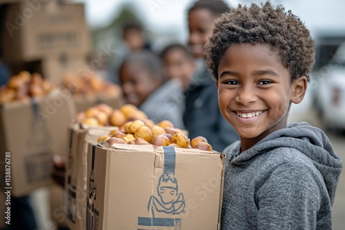 A group of children enthusiastically collecting donations for animal shelters at a community center, donation boxes and smiling faces, bottom third copy space.
