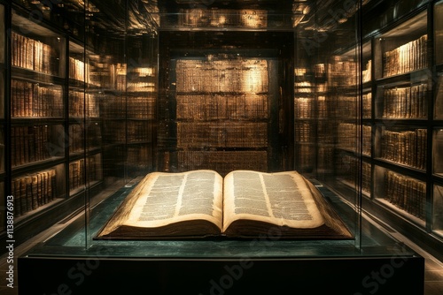 Ancient book displayed, surrounded by old bookshelves.