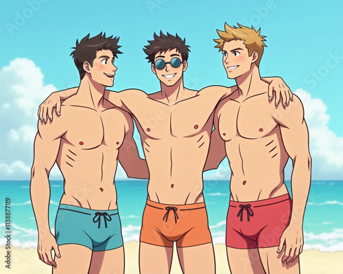Cartoon Illustration of Three Fit Male Friends Standing on Beach Wearing Tight Swim Trunks