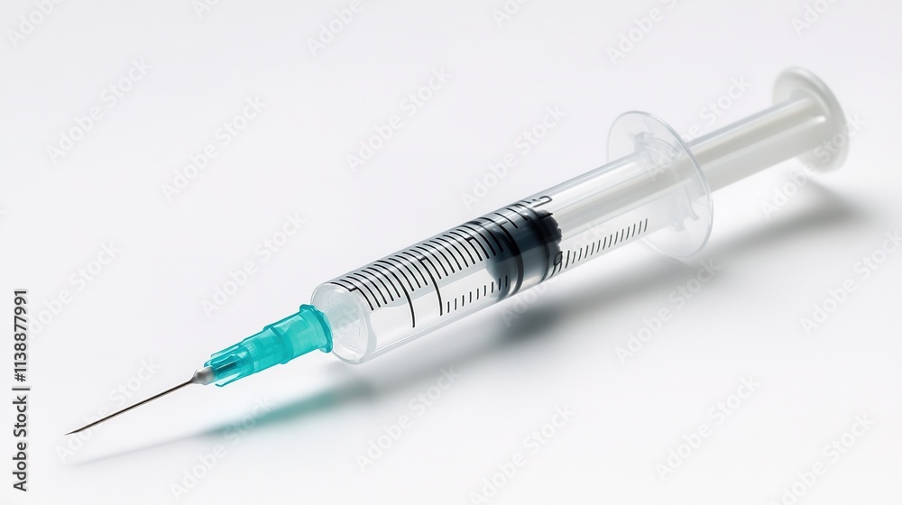 Syringe on white background with scale and needle visible Syringe on white background with scale and needle visible