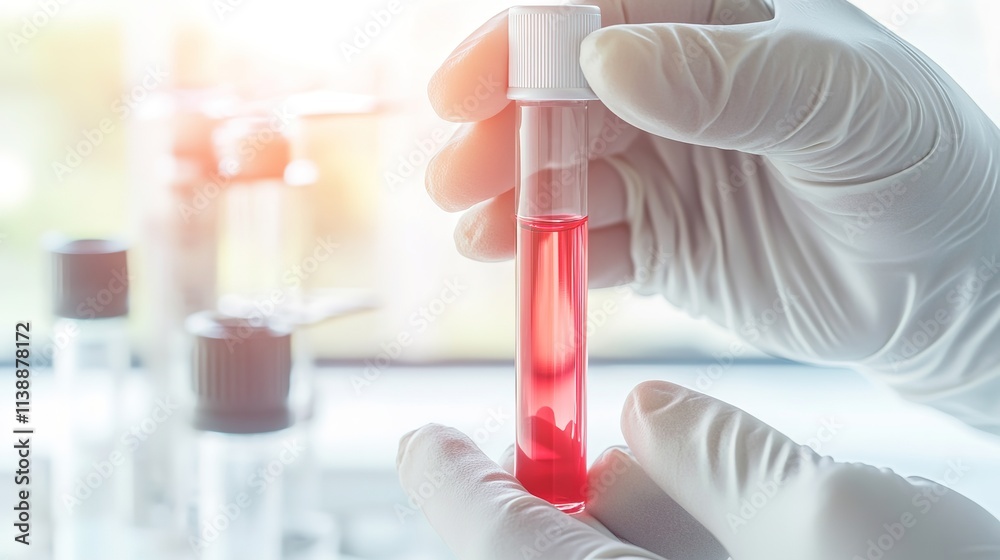 Gloved hands holding test tube with red fluid in lab Gloved hands holding test tube with red fluid in lab