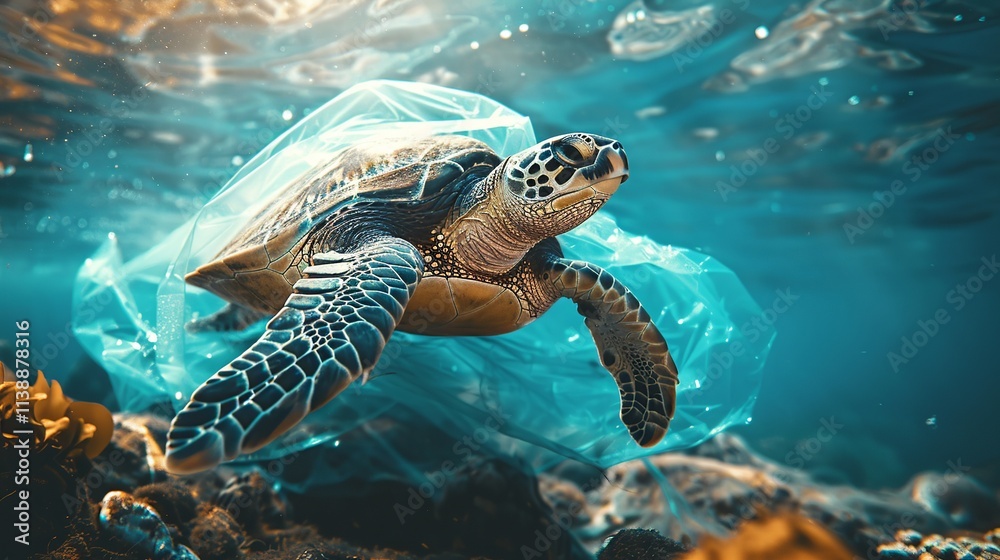 Fototapeta premium Sea Turtle Trapped Inside Transparent Plastic Bag Underwater 