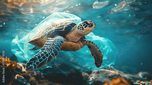 Sea Turtle Trapped Inside Transparent Plastic Bag Underwater 