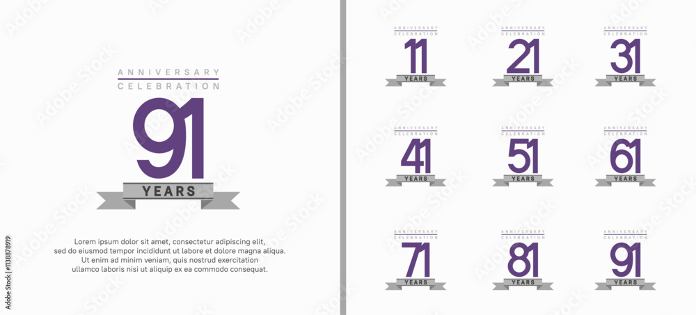 Naklejka premium anniversary logo set. vector design with purple color and gray ribbon can be use for celebration