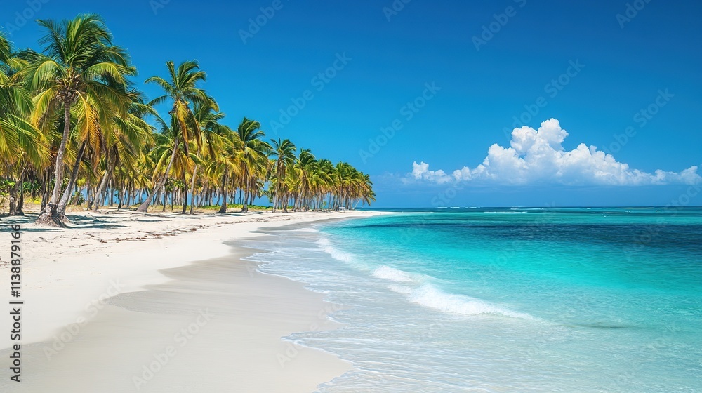 Palm trees line pristine tropical beach with turquoise water Palm trees line pristine tropical beach with turquoise water