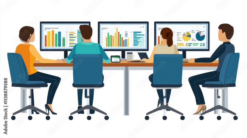 Team of Professionals Analyzing Data on Multiple Computer Screens in Modern Office Environment