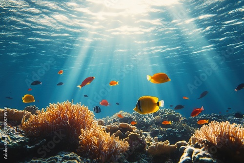 Sunbeams illuminate tropical fish over coral reef in ocean depths photo