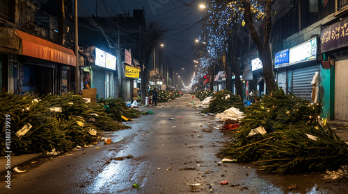 Wallpaper Mural A vibrant street market closing down after the holidays, leaving behind piles of unsold Christmas trees and faint remnants of twinkling fairy lights. Torontodigital.ca