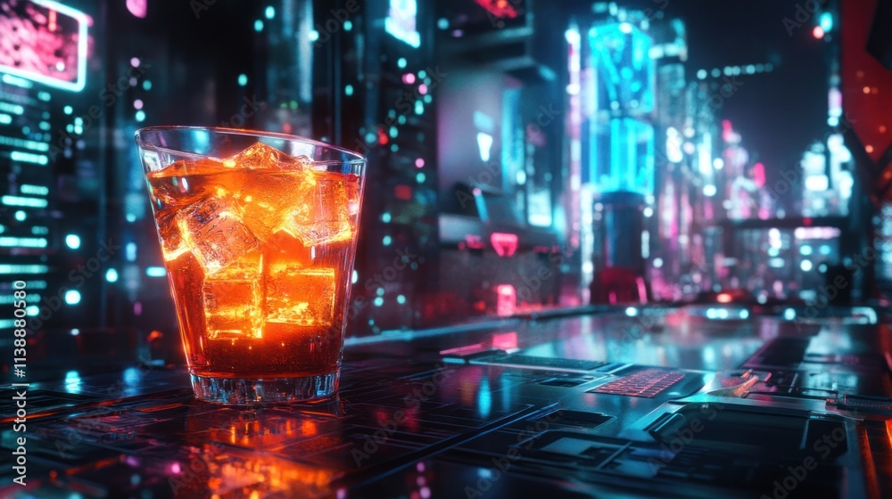 A futuristic bar scene featuring a glowing drink amidst neon city lights. A futuristic bar scene featuring a glowing drink amidst neon city lights.