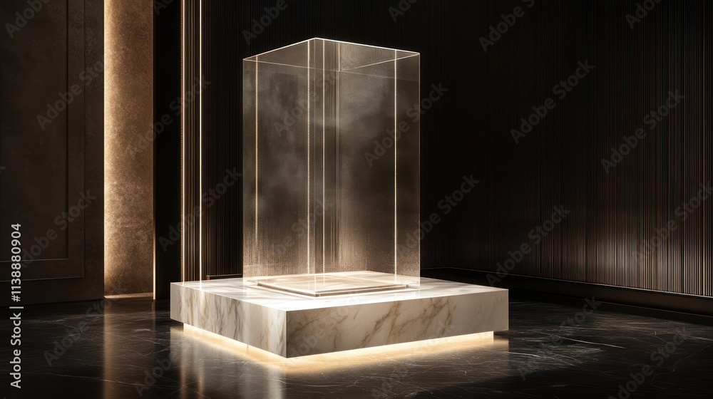 A minimalist display case on a marble base, illuminated in a modern interior setting. A minimalist display case on a marble base, illuminated in a modern interior setting.