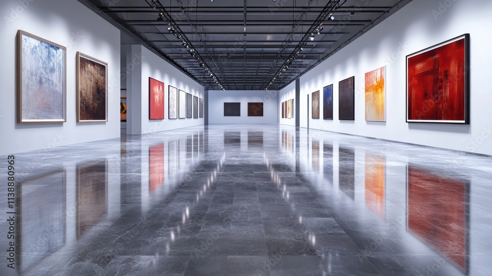 A modern art gallery featuring abstract paintings on display with polished floors. A modern art gallery featuring abstract paintings on display with polished floors.