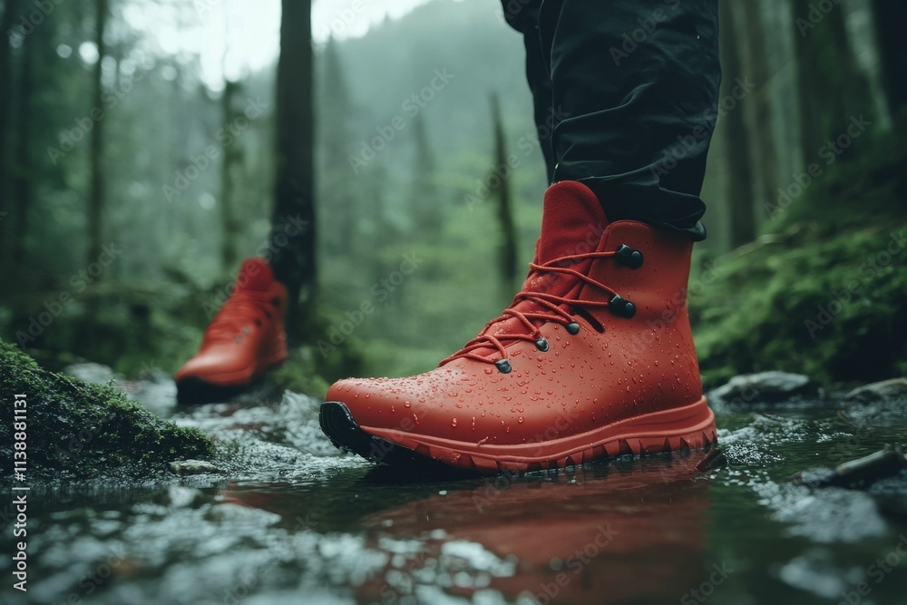 Red waterproof boots crossing a stream, forest background. Red waterproof boots crossing a stream, forest background.