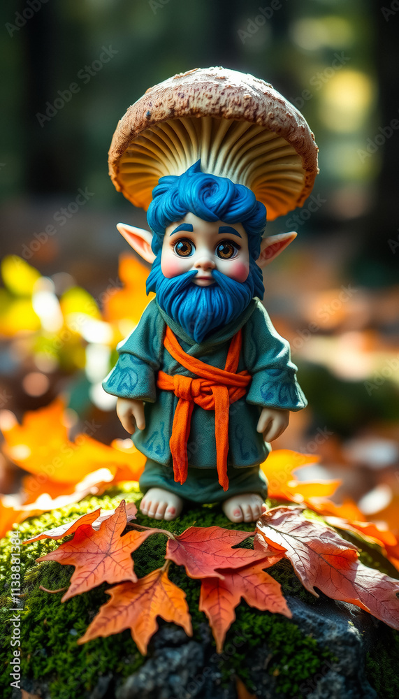 A whimsical mushroom-like character wearing a hat and holding a glowing lantern stands amidst colorful autumn leaves in an enchanting forest. A whimsical mushroom-like character wearing a hat and holding a glowing lantern stands amidst colorful autumn leaves in an enchanting forest.