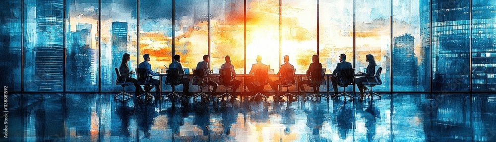 Group of Business Professionals in a Modern Conference Room with Cityscape at Sunset Group of Business Professionals in a Modern Conference Room with Cityscape at Sunset