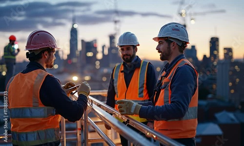 Construction workers discussing plans at sunset on a rooftop.
