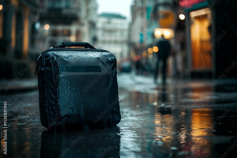Obraz premium Wet bag sits on rain-slicked city street.