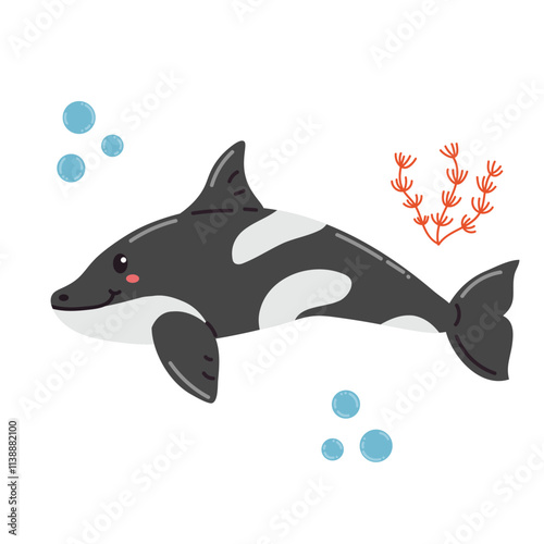 Cute cartoon happy killer whale in flat style. Cheerful wild sea animal isolated on white background.