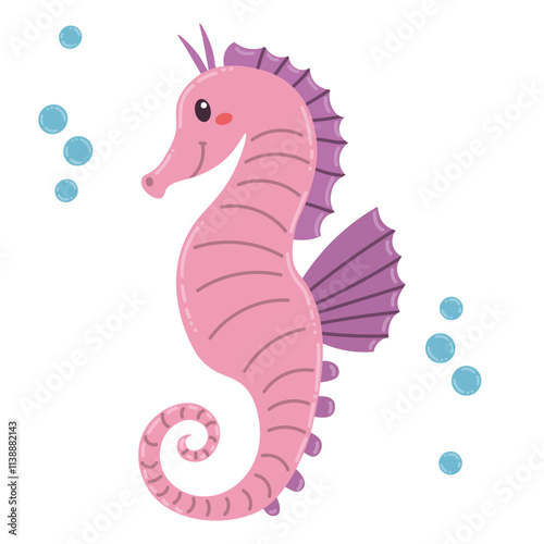 Cute cartoon sea horse in flat style isolated on white background. Cheerful small marine bony fish.