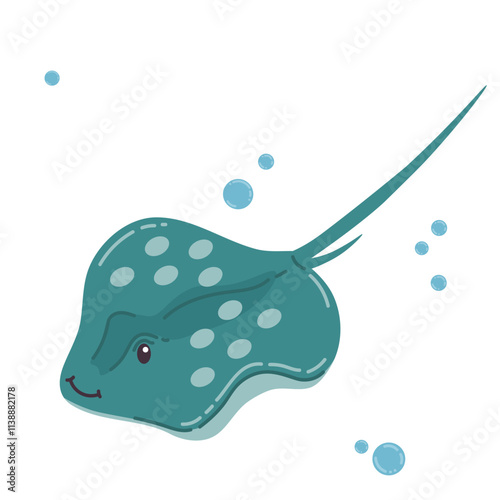 Cute cartoon stingray in flat style isolated on white background. Happy sea animal.